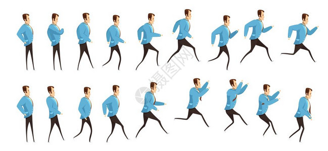 跑步跳跃男人动画动画与帧序列的运行跳跃男子商业套装卡通风格孤立矢量插图图片