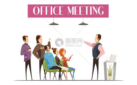 办公会议卡通风格办公会议包括老板与笔记本电脑咖啡员工内部元素卡通风格矢量插图图片