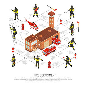消防部门信息图彩色等距消防部门信息图与各种情况发生消防矢量插图图片