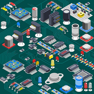 等距电路板成半导体电子电路板等距背景与电解电容器处理器各种微件安装背板矢量插图背景图片