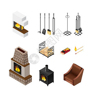 壁炉等距元素壁炉隔离等距图像的扑克块薪材火柴炉排矢量插图图片