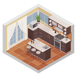 厨房内部等距成厨房内部等距成与棒架,烤箱,微波炉货架的厨具平矢量插图图片
