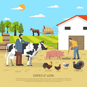 农民工作背景农场动物成与病房风景家禽动物农业育肥与股票农民人物矢量插图图片