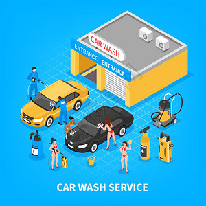 蓝色海绵洗车服务等距插图洗车服务与车库设备工人女孩比基尼蓝色背景