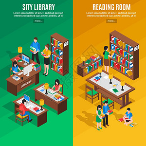 图书馆等距垂直横幅等距垂直横幅与城市图书馆阅览室的绿色黄色背景孤立矢量插图图片