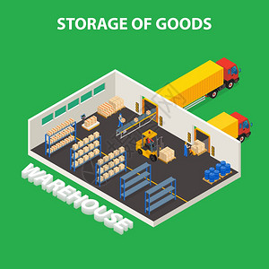 货物储存理念货物储存等距与工人卡车卸货箱用叉车矢量插图图片