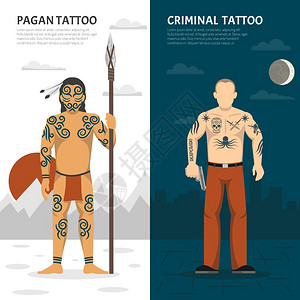 纹身工作室垂直横幅套两个纹身工作室垂直横幅异教徒纹身犯罪纹身描述矢量插图图片