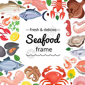 海洋产品框架背景海鲜背景框架与图像海洋食品与空方位文本矢量插图图片