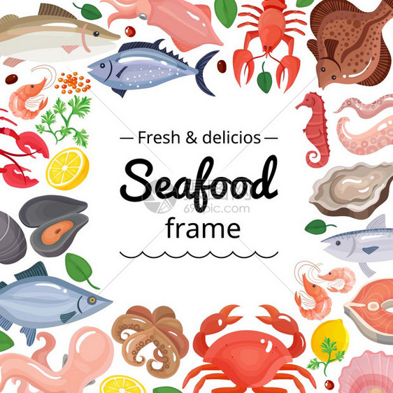 海洋产品框架背景海鲜背景框架与图像海洋食品与空方位文本矢量插图图片