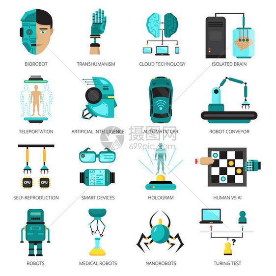 人工智能图标集彩色人工智能图标与Biorobot大脑传送全息图其他技术矢量插图图片