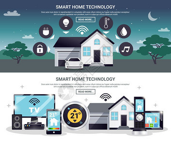 彩色智能家居横幅套两个水平彩色智能家居横幅技术描述阅读更多的按钮矢量插图图片