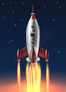 现实的金属火箭发射背景海报金属太空火箭发射写实复古海报与夜蓝色明亮的炽热底部背景矢量插图图片