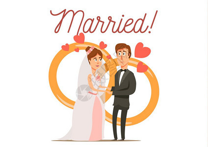 新婚夫妇的成婚姻离婚平背景与新婚夫妇新娘新郎人物与结婚戒指矢量插图图片