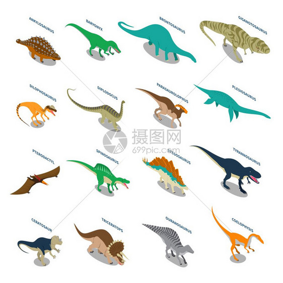 龙等距图标龙集等距图标与食肉动物食草动物,包括暴龙翼龙三龙孤立矢量插图图片
