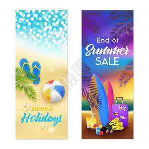 夏季海滩2垂直横幅热带海滩暑假旅游套餐销售2彩色垂直广告横幅孤立矢量插图图片