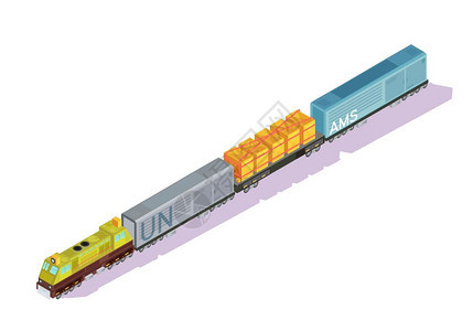 铁路列车等距成火车等距的汽车与机车发动机盒车货运冰箱轨道货车与阴影矢量插图图片