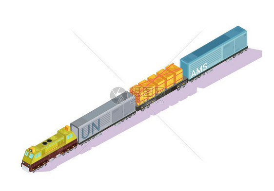 铁路列车等距成火车等距的汽车与机车发动机盒车货运冰箱轨道货车与阴影矢量插图图片