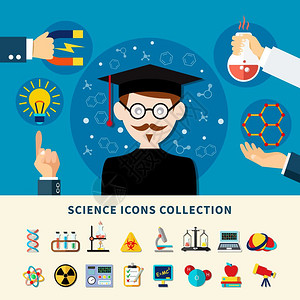 科学图标收藏科学横幅图标收集套科学实验的教育平矢量插图图片