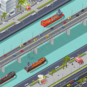 城市桥梁等距成城市桥梁等距成与运输人员船舶矢量插图图片