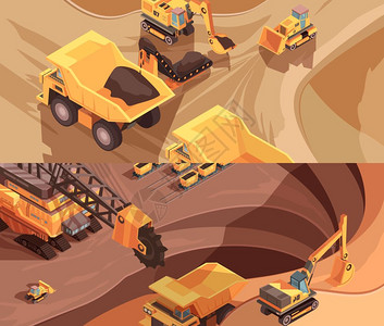 露天工作横幅收集露天矿山矢量插图表两个带采掘设备机械的水平采矿横幅图片