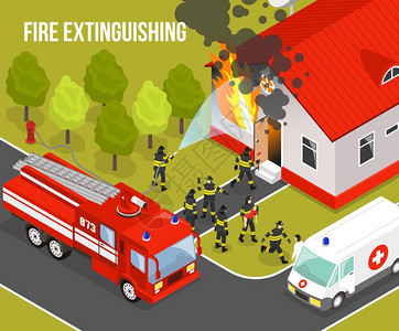 消防部门的成彩色消防部门成与情况灭火公寓楼标题矢量插图图片