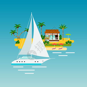 热带游艇度假成热带岛屿度假构图,平图像的海洋游艇沙岛与棕榈房屋矢量插图图片