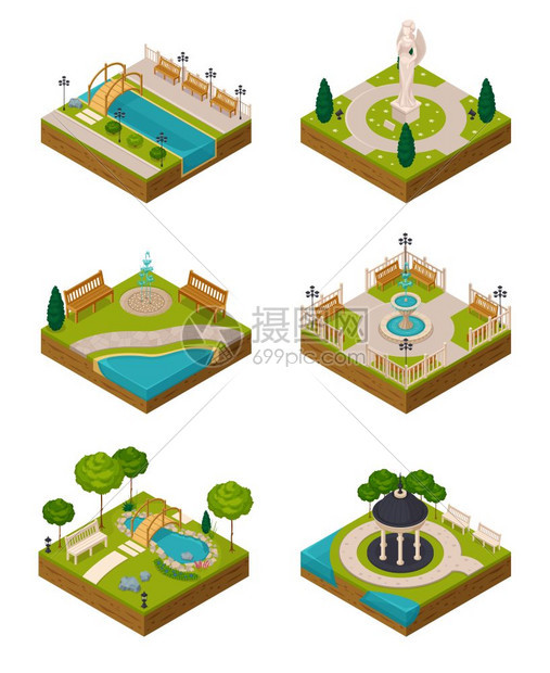 套等距景观成套等距景观成的城市建设者与树池喷泉长凳隔离矢量插图图片