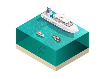旅游船只等距成船舶游客成与水距图像的水乘客远洋船舶与巡洋舰的雨篷矢量插图图片