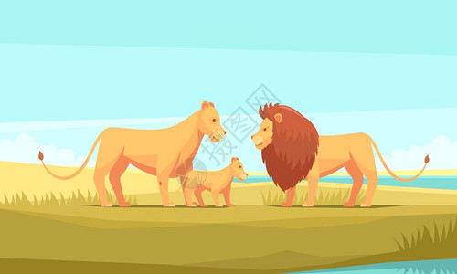 野生狮子家族的成狮子农场自然背景构图与涂鸦卡通风格大猫家族原始荒野风景矢量插图图片