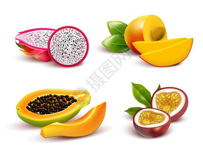 热带水果写实套逼真的热带水果图像龙果西番莲,木瓜芒果切成切片矢量插图图片
