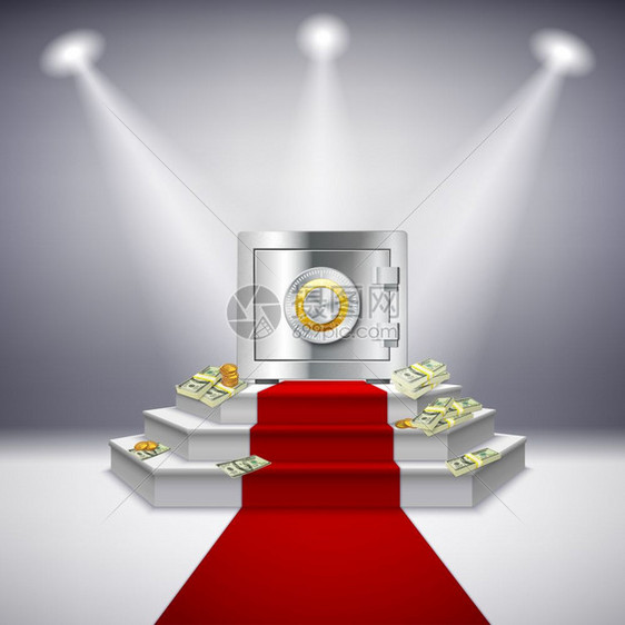现实的金钱表现现实的金钱表现与钢安全美元钞票节日舞台投影仪红地毯隔离矢量插图图片