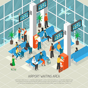 机场等候区等距插图机场等候区,旅客行李信息板,飞机后的窗户,内部元素等距矢量插图图片
