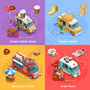 食品卡车4等距图标广场街头咖啡小吃,包,寿司烧烤食品卡车,4个等距图标,方形横幅,矢量插图图片