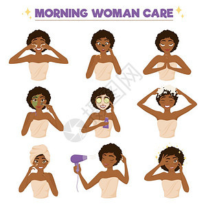 美国妇女上午例行图标彩色AFRO美国妇女上午例行图标与早晨妇女护理矢量插图图片