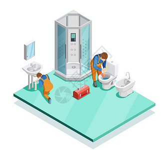 现代浴室水管工等距图像水管工解决问题,现代豪华浴室与淋浴室外壳水槽投标等距矢量插图图片