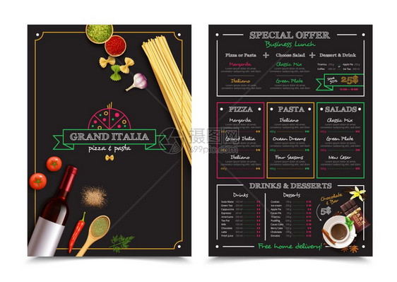 意大利餐厅菜单,特别优惠意大利餐厅菜单,特别提供商务午餐元素的黑色背景孤立矢量插图图片