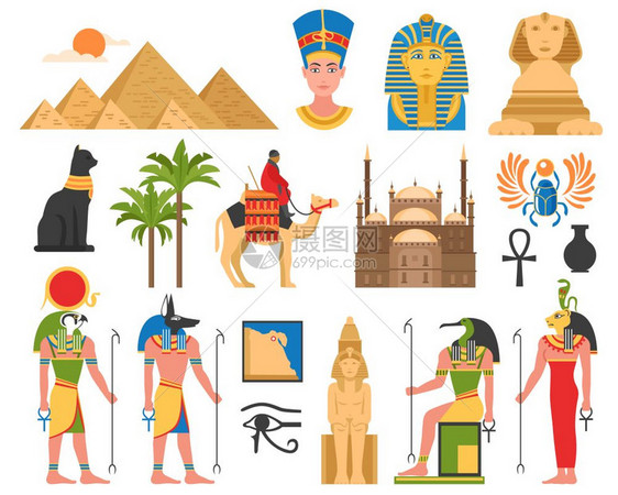 埃及艺术平收藏埃及古埃及偶像雕像建筑结构平图像空白背景矢量插图图片