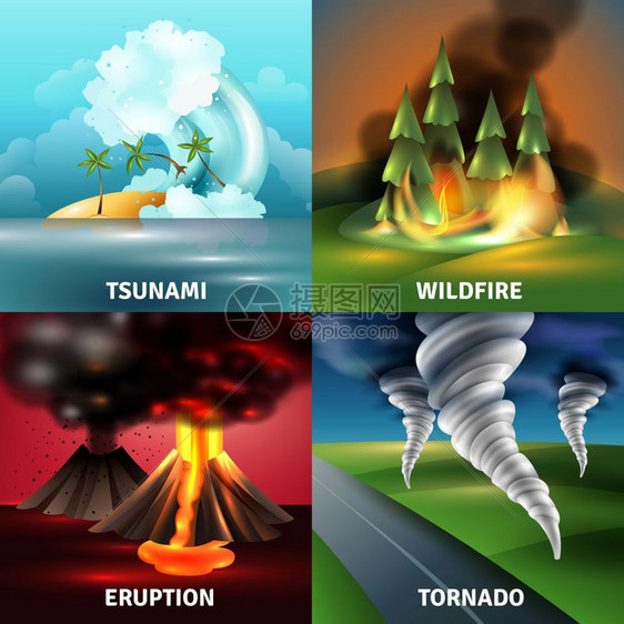 自然灾害理念自然灾害与海啸火山喷发与熔岩火山灰野火龙卷风孤立矢量插图图片