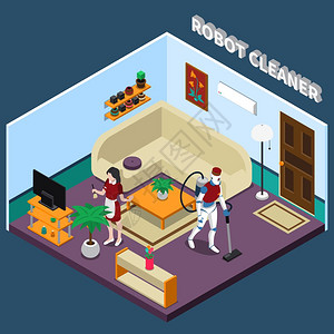 机器人家庭主妇清洁职业机器人专业三维与人工家庭主妇清洁等距家庭内部矢量插图图片