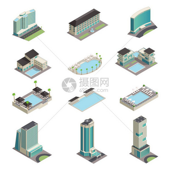 豪华酒店建筑等距图标豪华酒店建筑等距图标与现代度假胜地摩天大楼游泳池放松区矢量插图图片