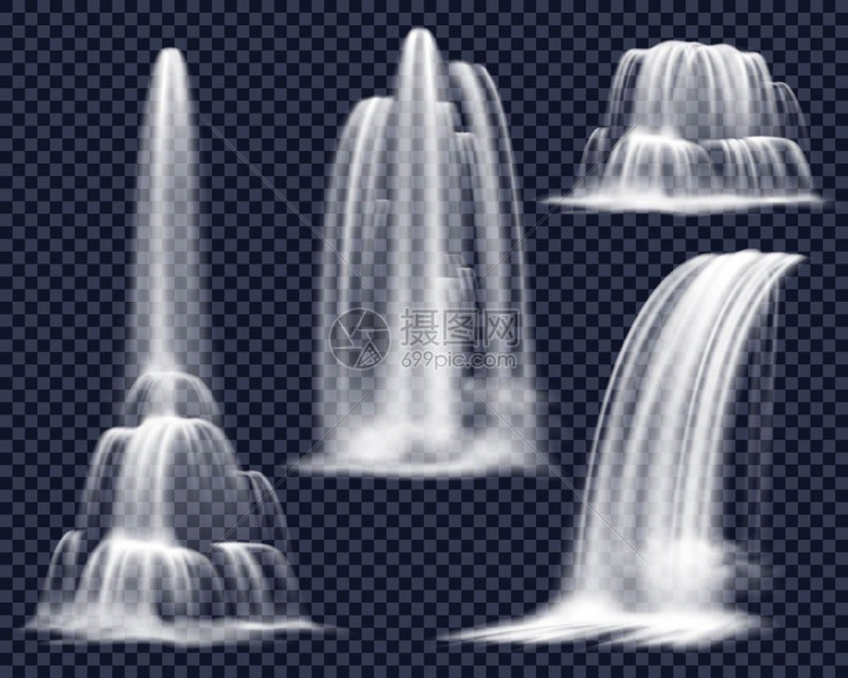 透明背景上的现实瀑布逼真的瀑布,包括透明背景孤立矢量插图上各种形状的瀑布流图片