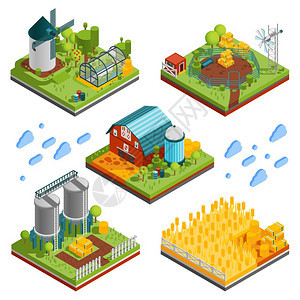 农村农场景观要素农场农村建筑等距成方形部分的牧场预订与种植园磨坊水库矢量插图图片