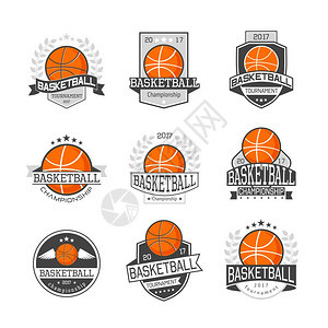 篮球比赛章套套橙色灰色的标志篮球比赛与球环丝带明星孤立矢量插图图片