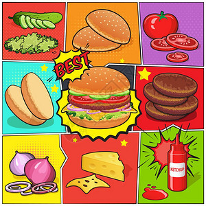 汉堡漫画书页漫画书页与汉堡配料,包括切成片,蔬菜番茄酱,分割的彩色背景矢量插图图片