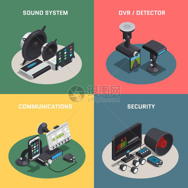 汽车电子自动电子学等距成四方形汽车电子自动电子学等距成与声音系统DVR探测器通信安全描述矢量插图图片