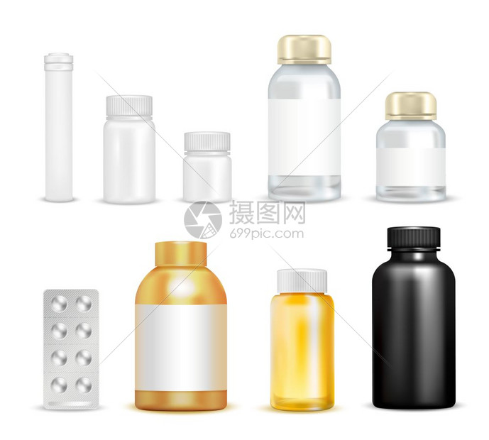 药物维生素包装套装分离维生素包装图像的空瓶透明瓶旋盖水泡包装的药丸矢量插图图片