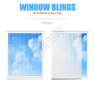 两扇窗户,百叶窗可以俯瞰多云的天空两个窗口元素与白色垂直百叶窗,俯瞰多云的蓝天现实矢量插图图片