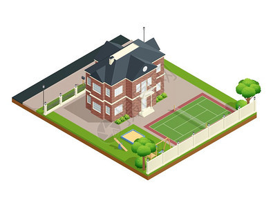 郊区房屋等距成郊区房屋等距成与后院草坪儿童游乐场网球场矢量插图背景图片