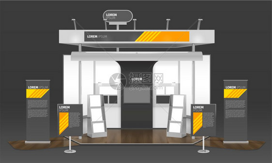 展览案例三维构图逼真的展台,包括广告海报板日志信息板电视屏幕矢量插图图片