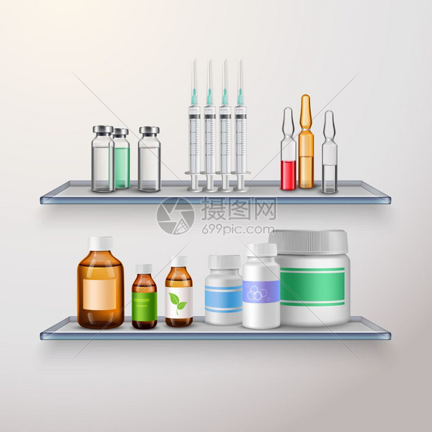 保健产品货架成医用药物的真实成与两个璃体货架各种药物的疫苗接种内部用载体插图图片